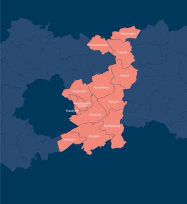 Op deze kaart staan de gemeentes van boven naar beneden: Keerbergen, Boortmeerbeek, Haacht, Herent,Kortenberg, Bertem, Zaventem, Wezembeek-Oppem, Kraainem, Tervuren, Huldenberg, Overijse, Hoeilaart